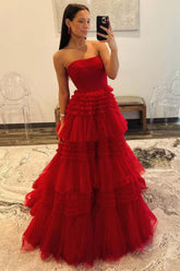 Strapless Prom Dress Tulle Long Tiered Cocktail Dress with Slit