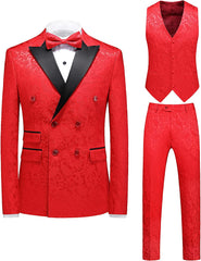 Red Three Piece Double Breasted Jacquard Prom Suit