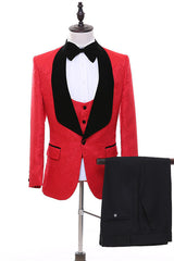Red Three Piece Jacquard Shawl Lapel Wedding Suit