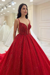 Red Tulle Ball Gown Wedding Dress with Beaded Bodice and Spaghetti Straps