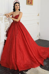 Red Tulle Ball Gown Wedding Dress with Beaded Bodice and Spaghetti Straps