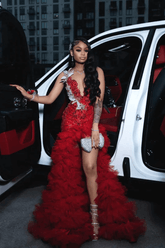 Red Tulle Sequined Prom Dress Ruffled V Neck Formal Evening Gown with 3D Flowers