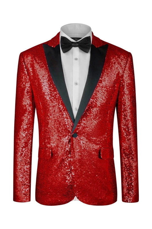 Red Two Piece Peaked Lapel Sequins Prom Suit