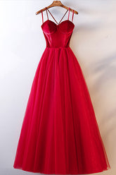 Red Velvet Formal Dress Tulle Long Simple Evening Dress