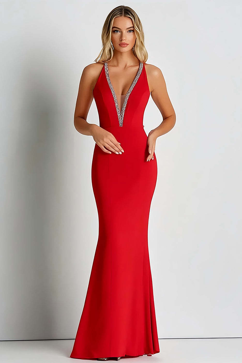 Red Wedding Guest Dress Deep V-Neck Sheath Long Formal Dress With Beading