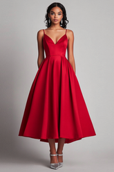 Red Wedding Guest Dress Satin A-Line Tea Length Spaghetti Straps Formal Dress