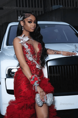 Red Tulle Sequined Prom Dress Ruffled V Neck Formal Evening Gown with 3D Flowers
