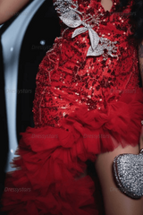 Red Tulle Sequined Prom Dress Ruffled V Neck Formal Evening Gown with 3D Flowers