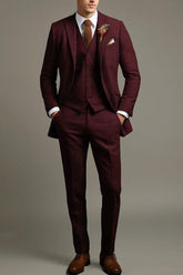 Retro Vintage Men's 3-Piece Solid Colored Business Suit In Tailored Fit With Single Breasted Two-Button Tweed