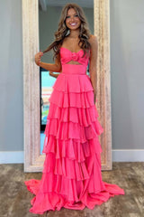 Pink Sweetheart Ruffled Long Prom Dress with Slit