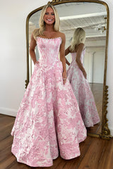 Romantic Floral Jacquard Strapless Corset Ball Gown Prom Dress With Pearls Formal Evening Gown
