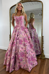 Romantic Floral Jacquard Strapless Corset Ball Gown Prom Dress With Pearls Formal Evening Gown