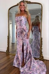 Romantic Floral Strapless Mermaid Prom Dress With Bow Detail And High Slit Formal Evening Gown