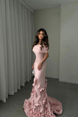 Dressystars Romantic Off-Shoulder Pink Mermaid Prom Dress With Floral Train Formal Evening Gown