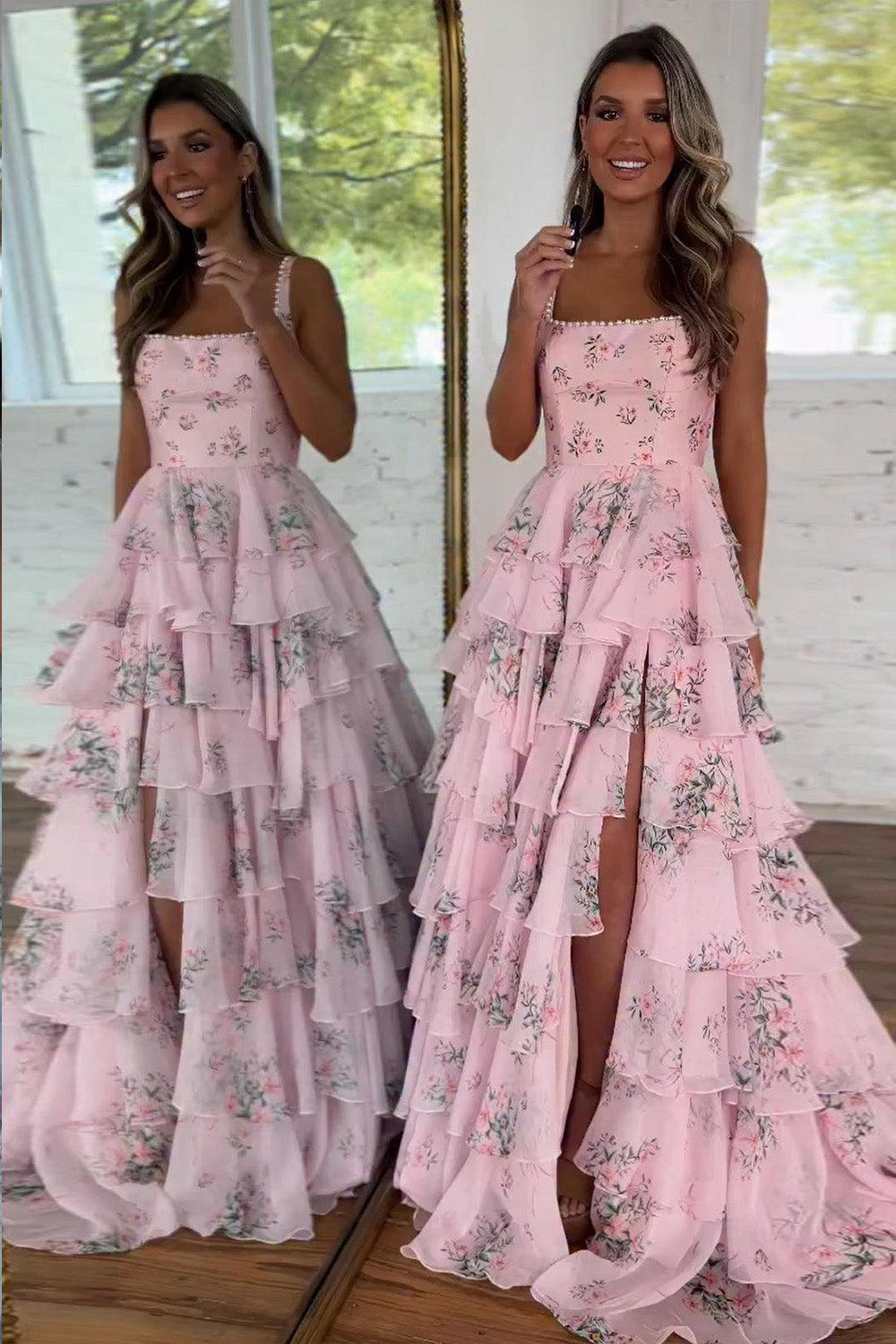 Romantic Pink Floral Square Neck Backless Tiered Ruffle Prom Dress With Slit Formal Evening Gown