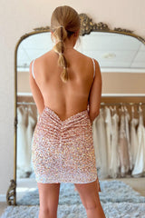 Rose Golden Homecoming Dresses Sequin Tight Short Cocktail Dresses