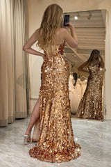 Rose Golden Prom Dress Beaded Sequined Mermaid Long Evening Dress With Slit