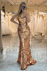 Rose Golden Prom Dress Beaded Sequined Mermaid Long Evening Dress With Slit