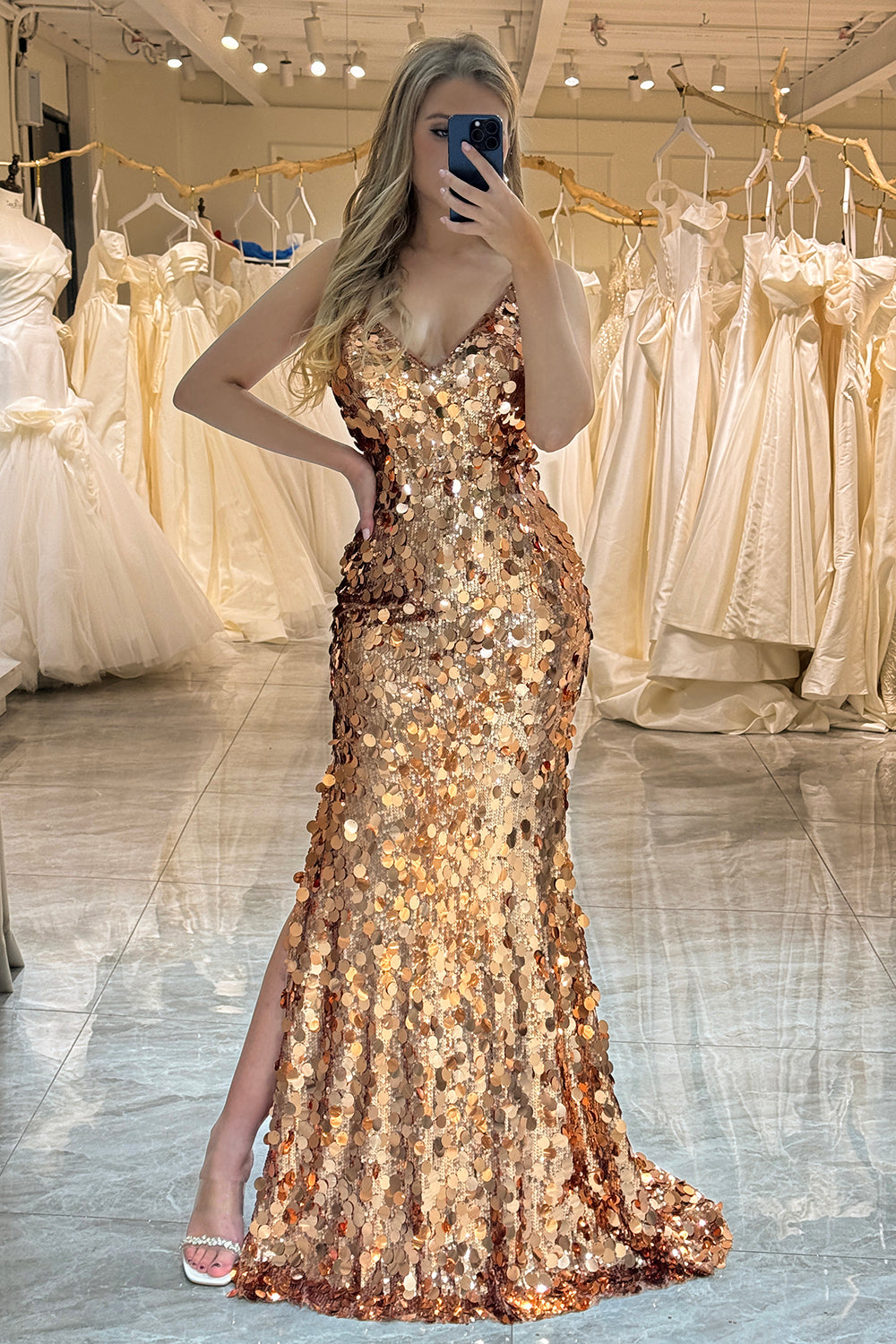Rose Golden Prom Dress Beaded Sequined Mermaid Long Evening Dress With Slit
