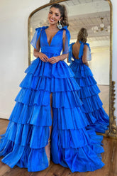 Royal Blue A Line V Neck Ruffled Long Prom Dress