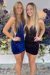 Royal Blue Cocktail Dress Spaghetti Straps Tight Short Velvet Formal Dress
