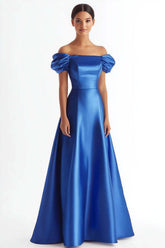Royal Blue Formal Dress A Line Satin Long Wedding Guest Dress With Ruffles