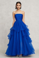 Royal Blue Formal Dress Chiffon Strapless Ruffled A Line Long Wedding Guest Dress