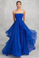 Royal Blue Formal Dress Ruffled Ball Gown Chiffon Strapless Pleated Long Wedding Guest Dress