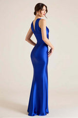 Royal Blue Formal Dress V-Neck Satin Sheath Sleeveless Long Wedding Guest Dress