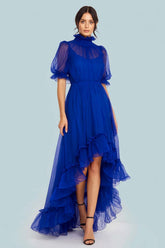 Dressystars Royal Blue High Neck Tulle A Line High-Low Prom Dress With Sleeves