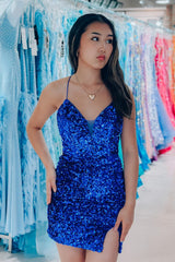Royal Blue Homecoming Dress Bodycon Sequin Lace Up Short Party Cocktail Dress