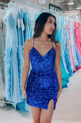 Royal Blue Homecoming Dress Bodycon Sequin Lace Up Short Party Cocktail Dress