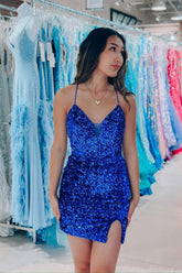 Royal Blue Homecoming Dress Bodycon Sequin Lace Up Short Party Cocktail Dress