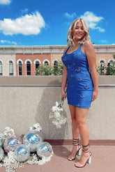 Royal Blue Homecoming Dress Satin Sleeveless With BeadsShort Party Cocktail Dress