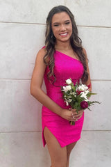 Royal Blue Homecoming Dress Sparkly one shoulder Style Bodycon Fitting with Slit Short Party Cocktail Dress