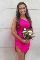 Royal Blue Homecoming Dress Sparkly one shoulder Style Bodycon Fitting with Slit Short Party Cocktail Dress