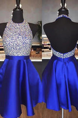 Royal Blue Homecoming Dresses Beaded Backless Short Cocktail Dresses