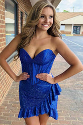 Royal Blue Homecoming Dresses Corset Ruffled Beaded Short Tight Cocktail Dresses