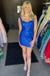 Royal Blue Homecoming Dresses Corset Sequin Short Tight Cocktail Dresses