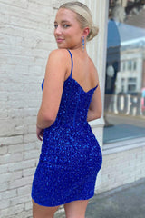 Royal Blue Homecoming Dresses Corset Sequined Tight Short Cocktail Dresses