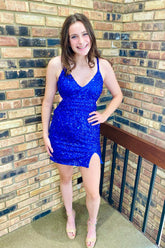 Royal Blue Homecoming Dresses Criss-Cross Straps Back Tight Short Sequin Cocktail Dresses