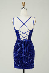 Royal Blue Homecoming Dresses Criss-Cross Straps Sequin Tight Short Hoco Dresses