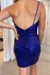 Royal Blue Homecoming Dresses Glitter One Shoulder Tight Cocktail Dresses