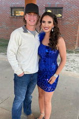 Royal Blue Homecoming Dresses Mirror One Shoulder Tight Cocktail Dresses With Feathers