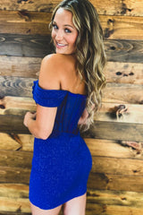 Royal Blue Homecoming Dresses Off The Shoulder Corset Tight Short Cocktail Dresses