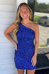 Royal Blue Homecoming Dresses Open Back One Shoulder Sequin Tight Short Hoco Dresses