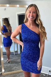 Royal Blue Homecoming Dresses Open Back One Shoulder Sequin Tight Short Hoco Dresses