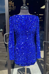 Royal Blue Homecoming Dresses Sequin Backless Short Cocktail Dresses With Long Sleeves