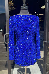 Royal Blue Homecoming Dresses Sequin Backless Short Cocktail Dresses With Long Sleeves