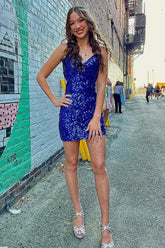 Royal Blue Homecoming Dresses Sequined Criss-Cross Straps Tight Short Cocktail Dresses